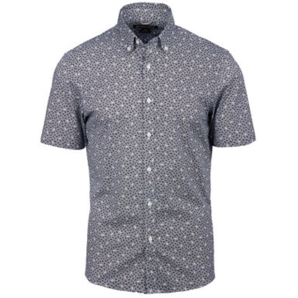 Michael Kors Trim Stretch Woven Acis Print Blue Short Sleeve Button Front Shirt